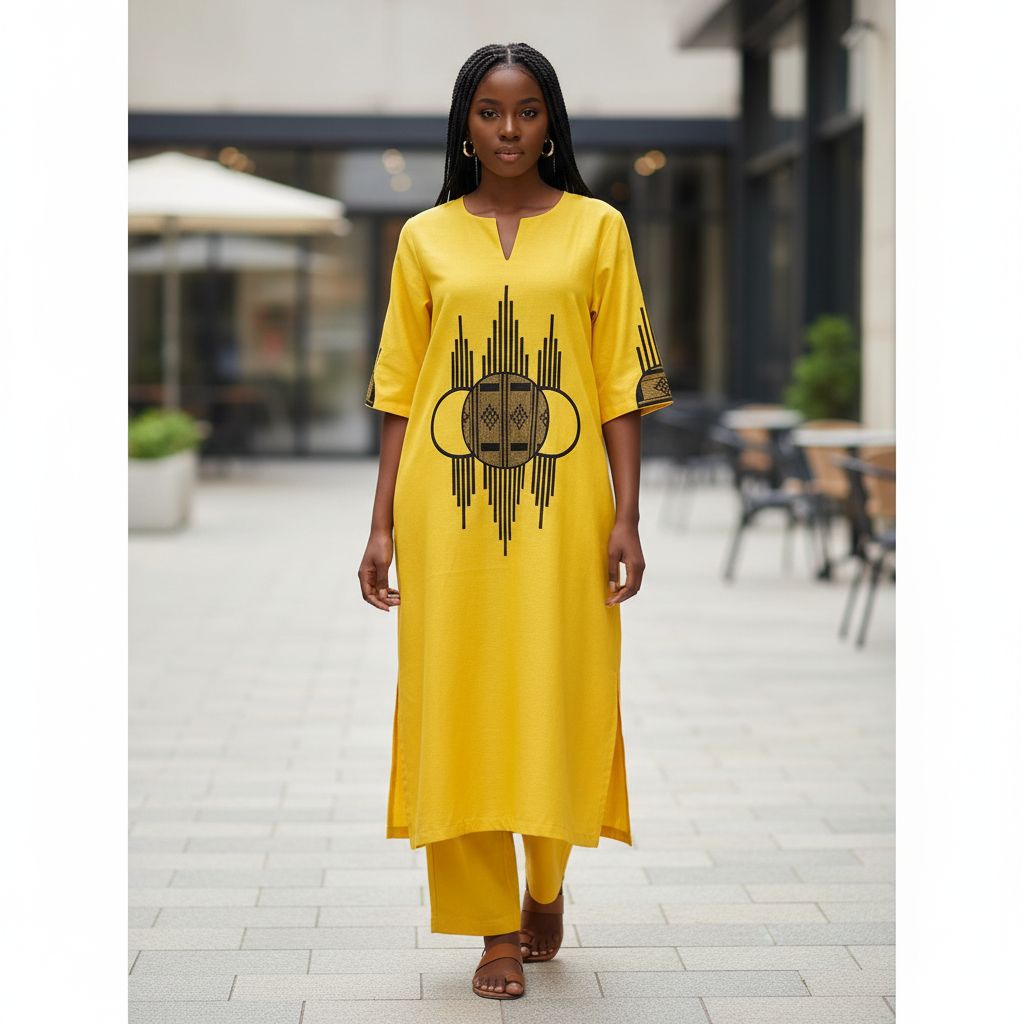 Robe jaune femme élégante 3/4 et pantalon, tenue satinée chic été