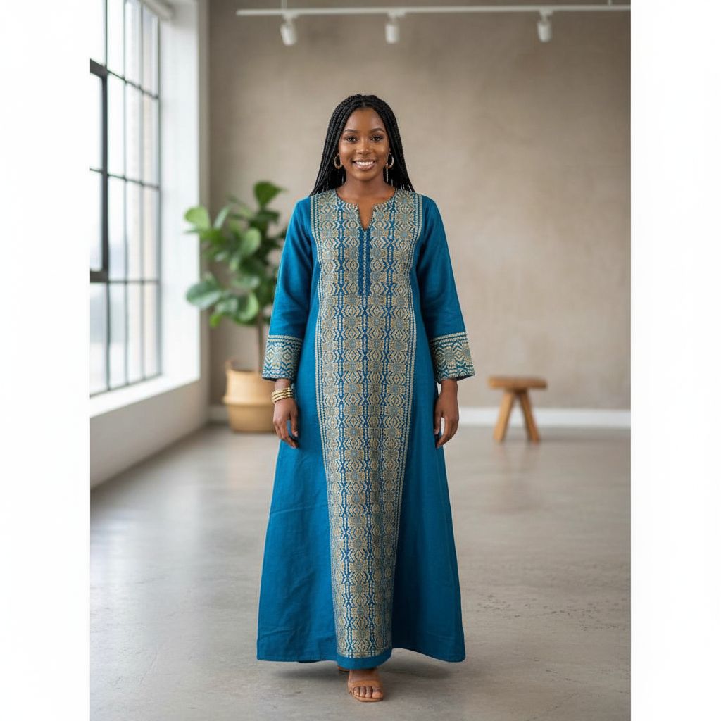 Robe en pagne tissé femme bleu or – Élégante robe africaine longue