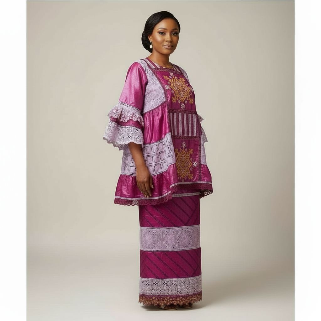 Ensemble bazin brodé femme élégant avec dentelle – Tenue africaine cérémonie