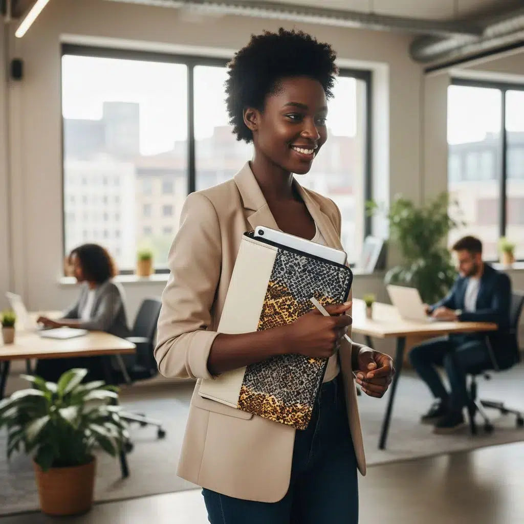 Cartable pour tablette élégant en wax et similicuir motif panthère beige