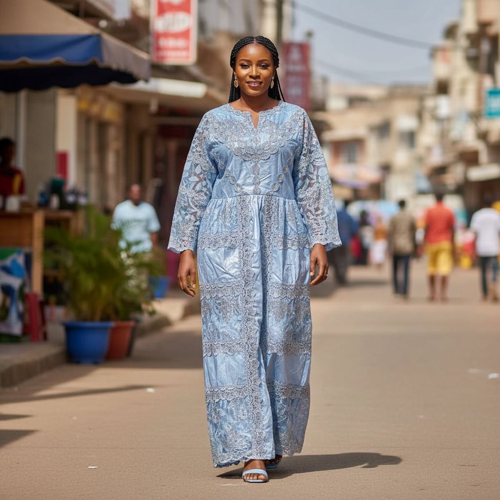 Robe bleue bazin avec dentelle pour un style élégant et unique