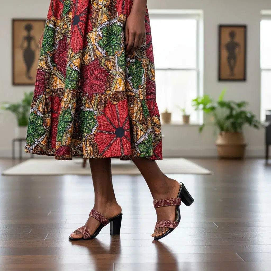Sandales à talons femme en pagne tissé rouge – chaussures ethniques chic
