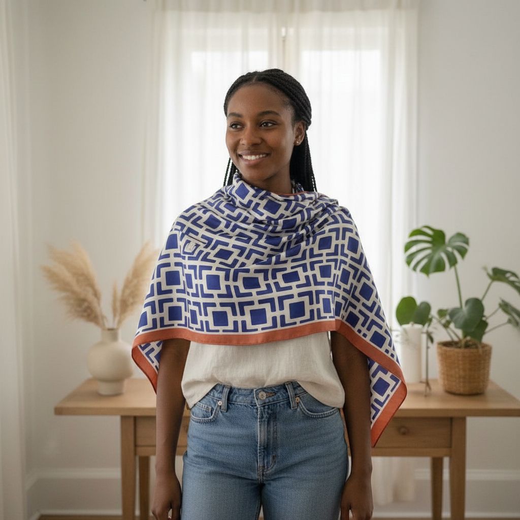 Foulard carré en soie bleu et blanc 70x70 cm élégant bordure orange