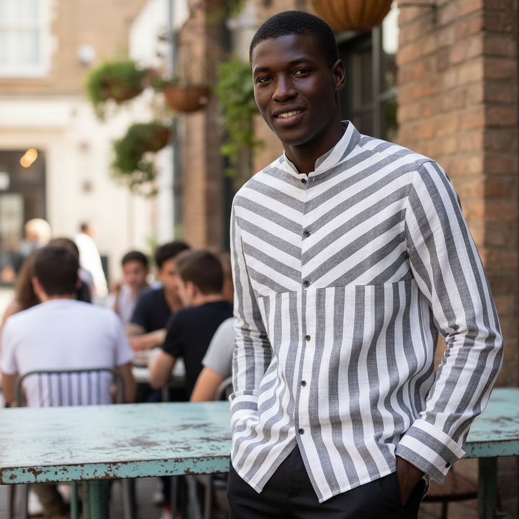 Chemise homme élégante rayée gris et blanc col mao coupe ajustée chic