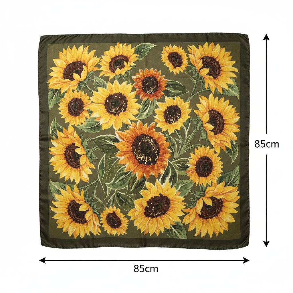 Foulard carré en soie vert sauge à motifs tournesol, accessoire femme chic