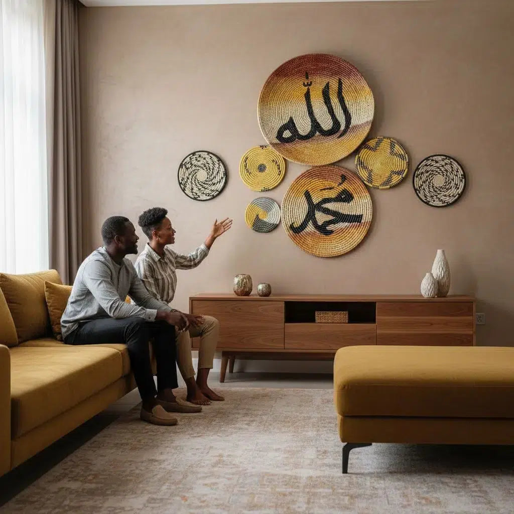Décoration murale arabe en osier tressé avec calligraphie islamique