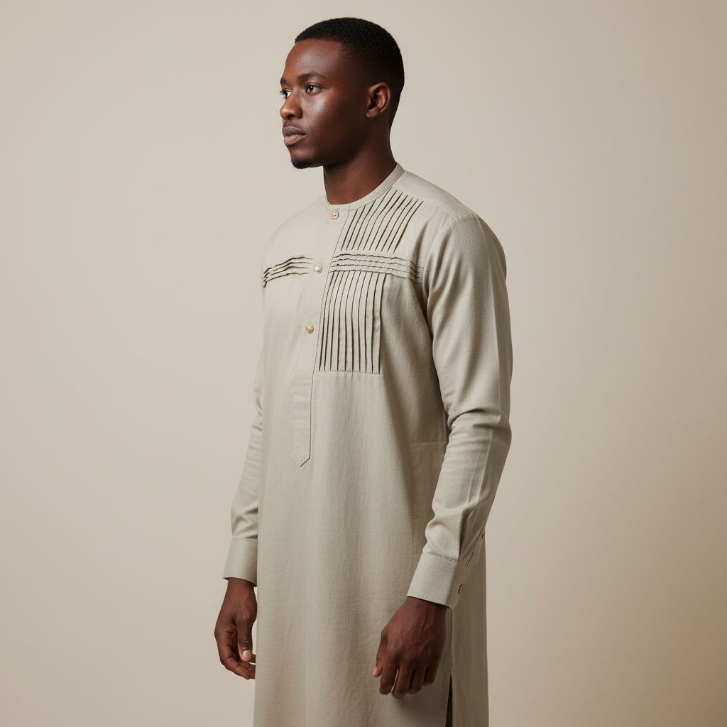 Vêtement homme beige élégant en coton, haut traditionnel col rond raffiné