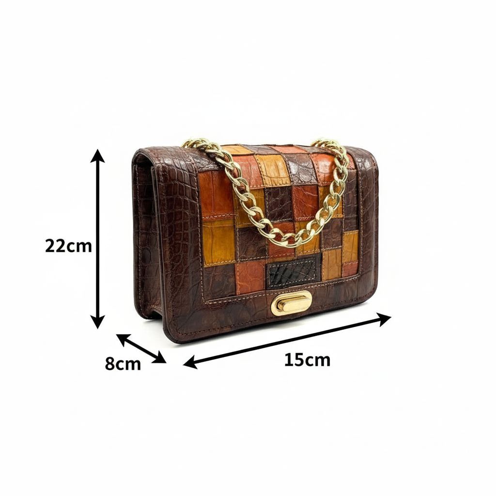 Sac à main cuir patchwork élégant, bandoulière chaîne dorée, style chic