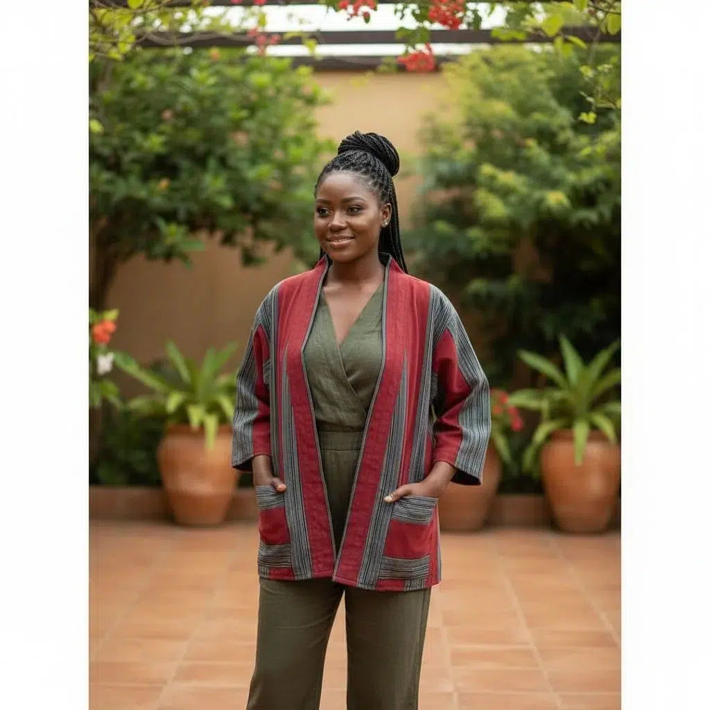 Kimono pagne tissé coton femme rouge et noir, veste artisanale élégante