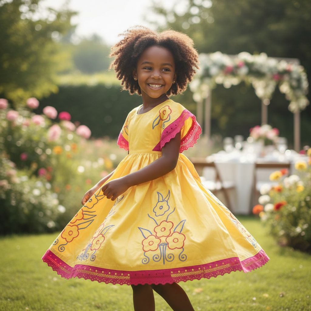 Robe fille 5 ans jaune brodée en bazin riche