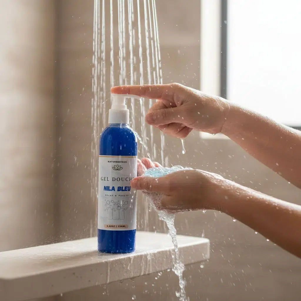 Gel Douche Éclat Nila Bleu, Niacinamide &amp; Acide Hyaluronique – Peau Lumineuse