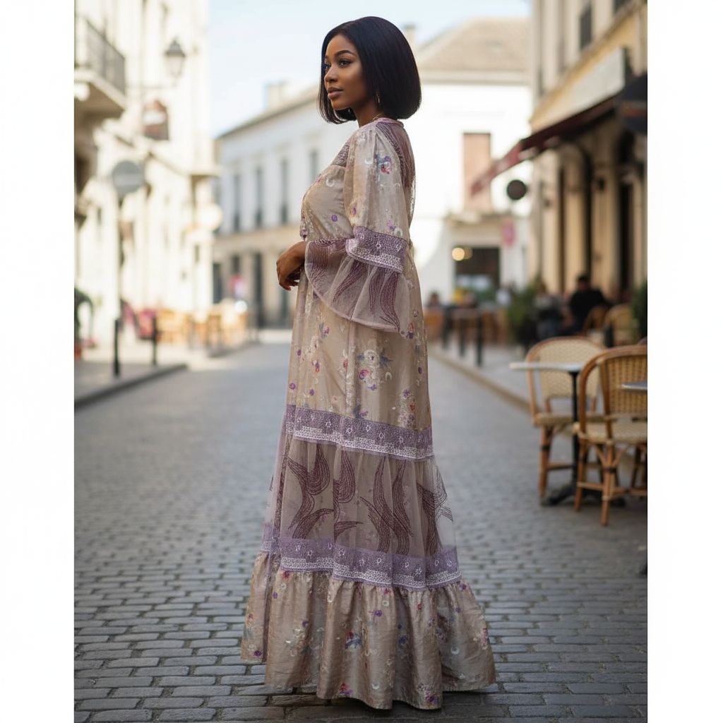 Robe longue bohème chic femme soie et dentelle élégante manches évasées