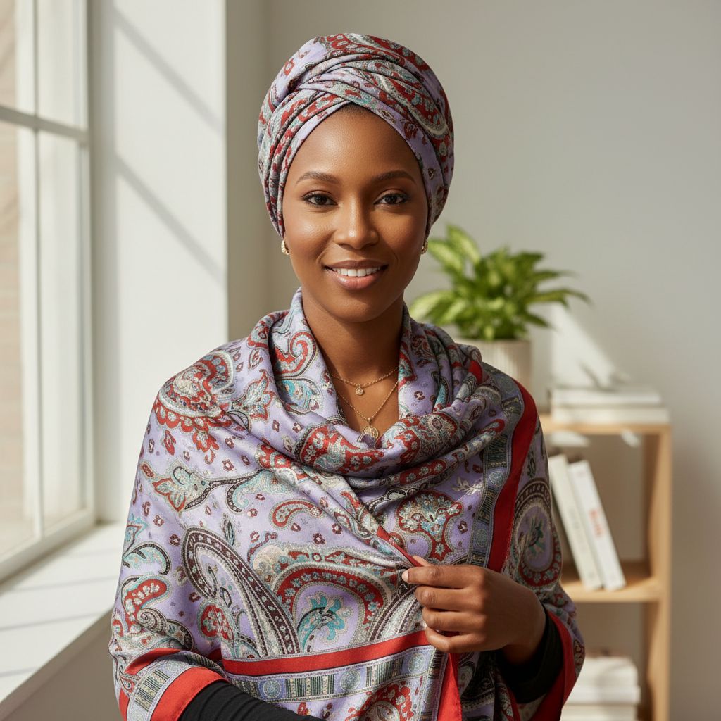 Foulard carré en soie lilas multicolore, motifs ethniques élégants femme