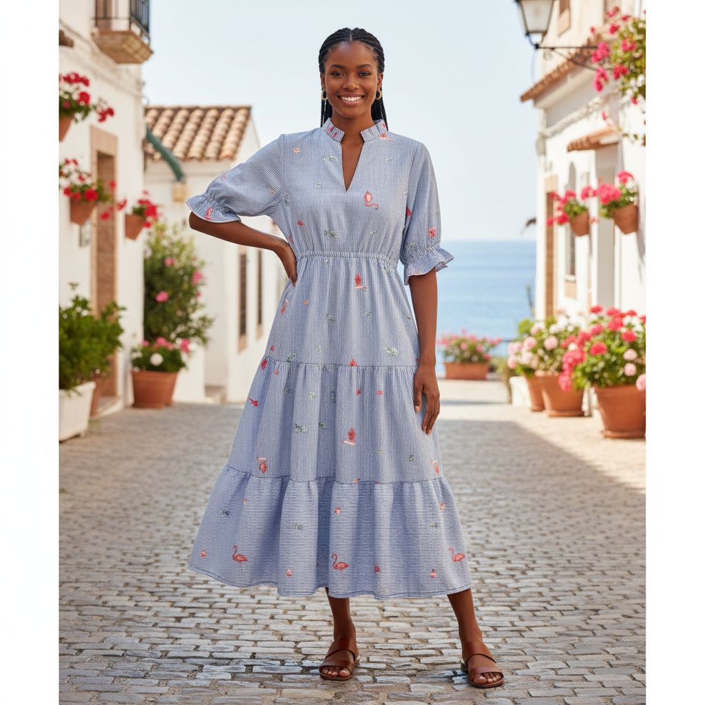 Robe coton rayée femme bleu, longue bohème chic, fluide et élégante