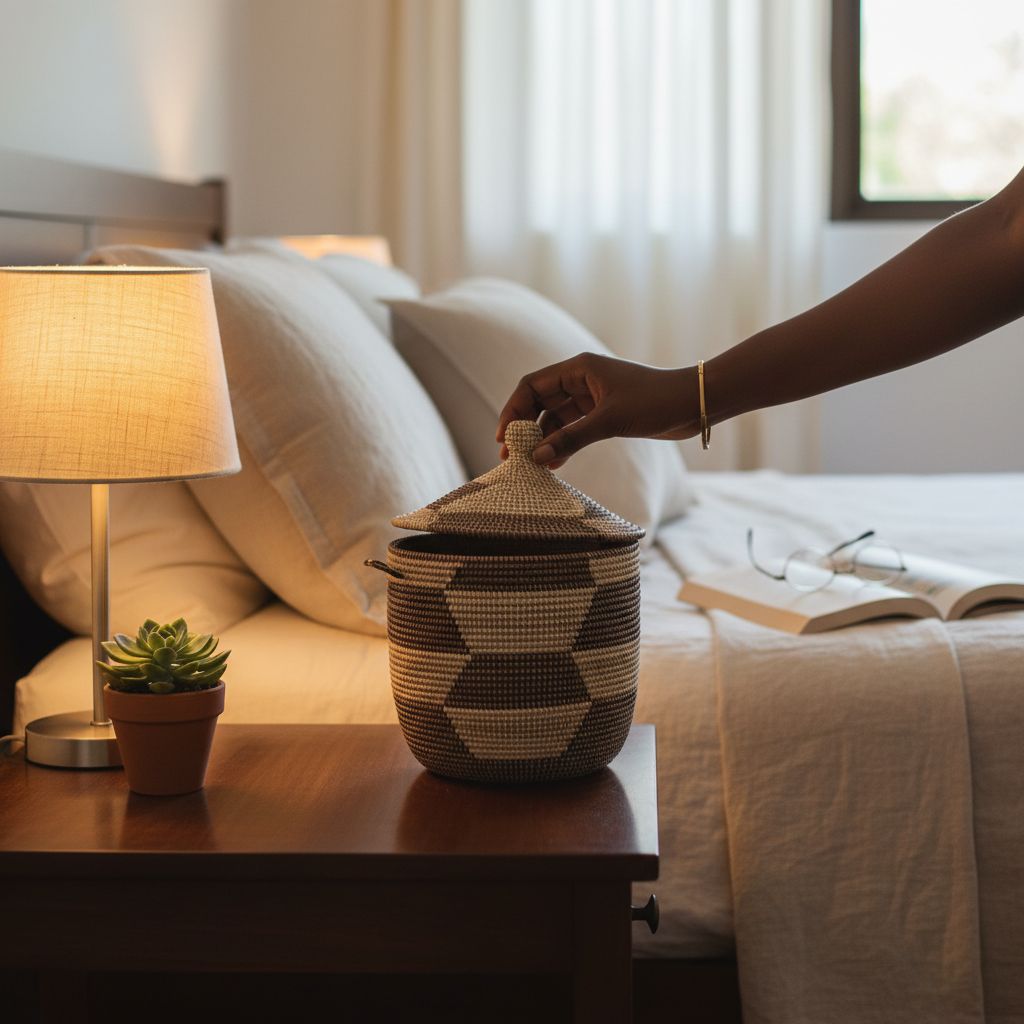 Panier de décoration africaine tressé avec couvercle, rangement artisanal