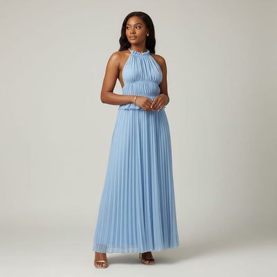 Robe longue femme élégante bleu ciel, chic plissée cérémonie et soirée