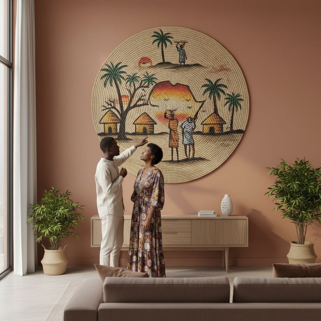 Décoration murale ethnique : plateau mural tressé artisanal en fibres naturelles