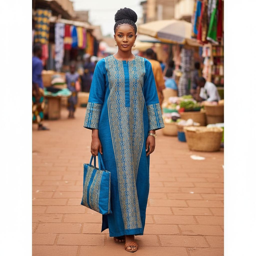 Robe en pagne tissé femme bleu or – Élégante robe africaine longue