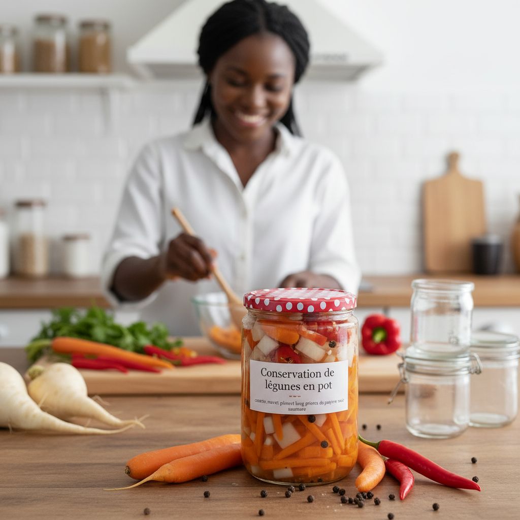 Légumes marinés en bocal : carotte et navet, poivre noir, piment long