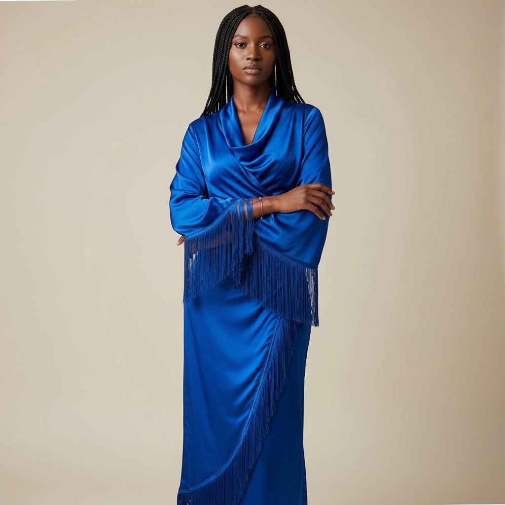 Robe femme soie bleu électrique élégante, manches longues et franges chic