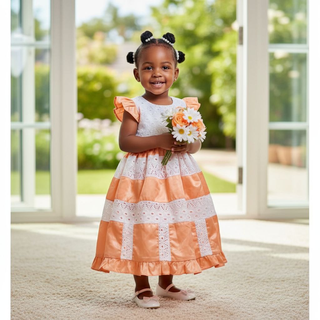 Robe cérémonie fille 2 ans brodée blanche et bazin orange