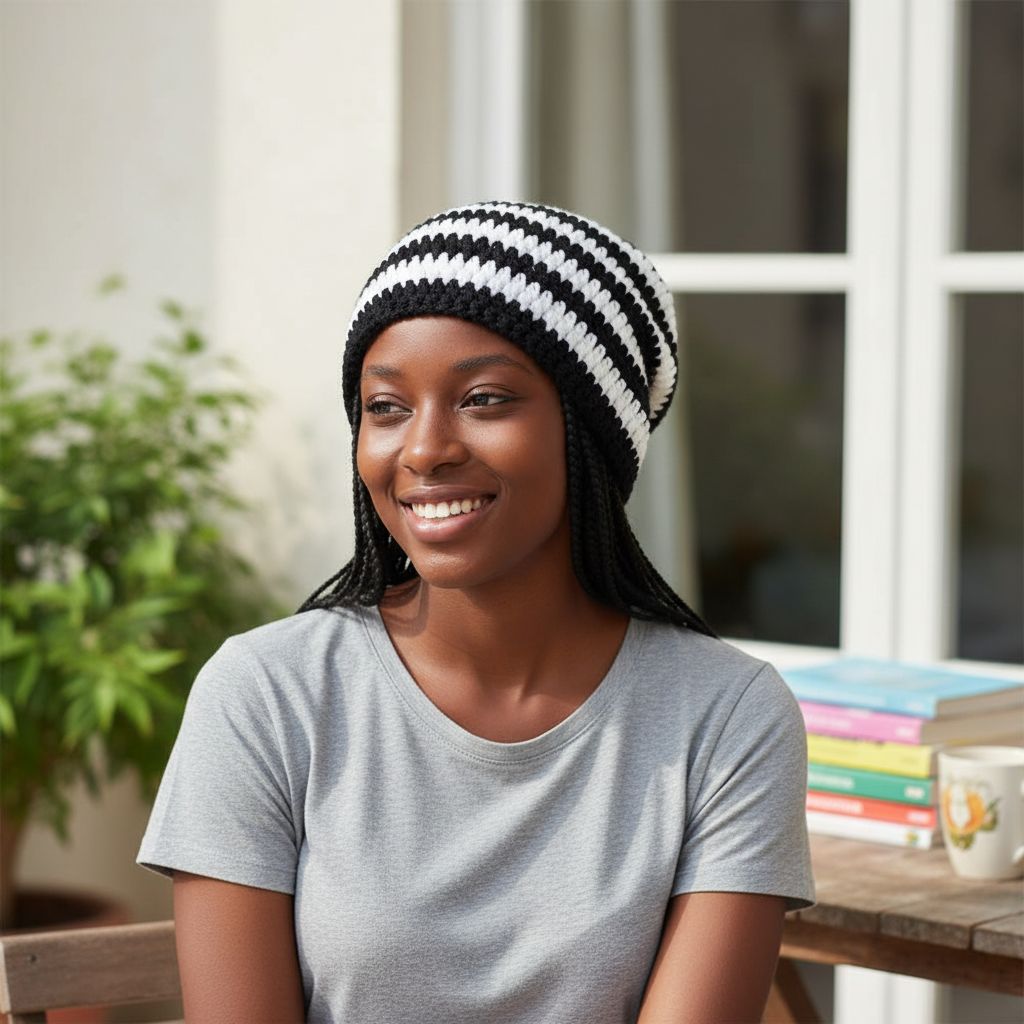 Bonnet rayé noir et blanc slouchy fait main crochet – Chaud et stylé