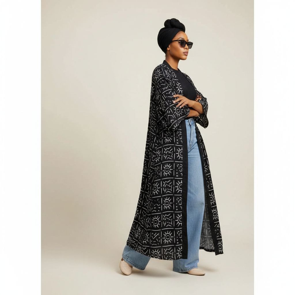 Kimono femme élégant long coton, manteau fluide noir et blanc chic