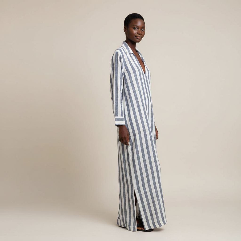 Robe longue rayée femme en lin bleu et blanc, manches longues, col chemise