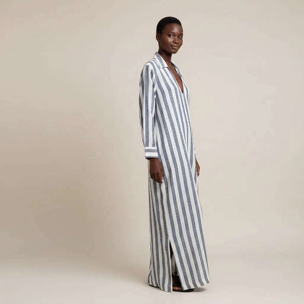 Robe longue rayée femme en lin bleu et blanc, manches longues, col chemise