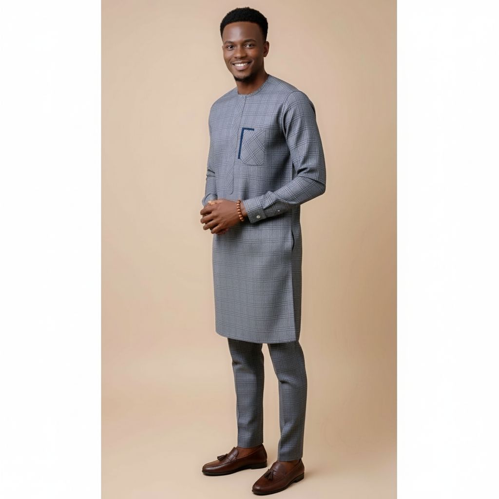 Ensemble homme élégant gris et bleu – Tunique et pantalon moderne chic