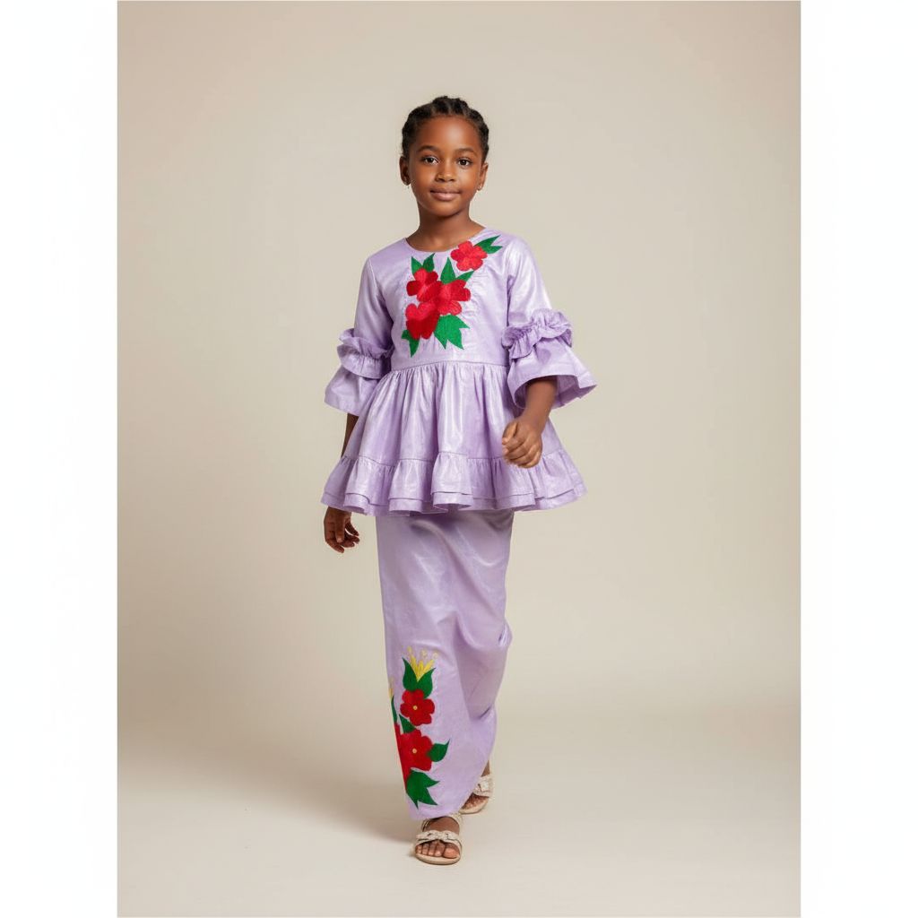 Ensemble cérémonie fille 7 ans mauve claire jupe et haut élégant floral