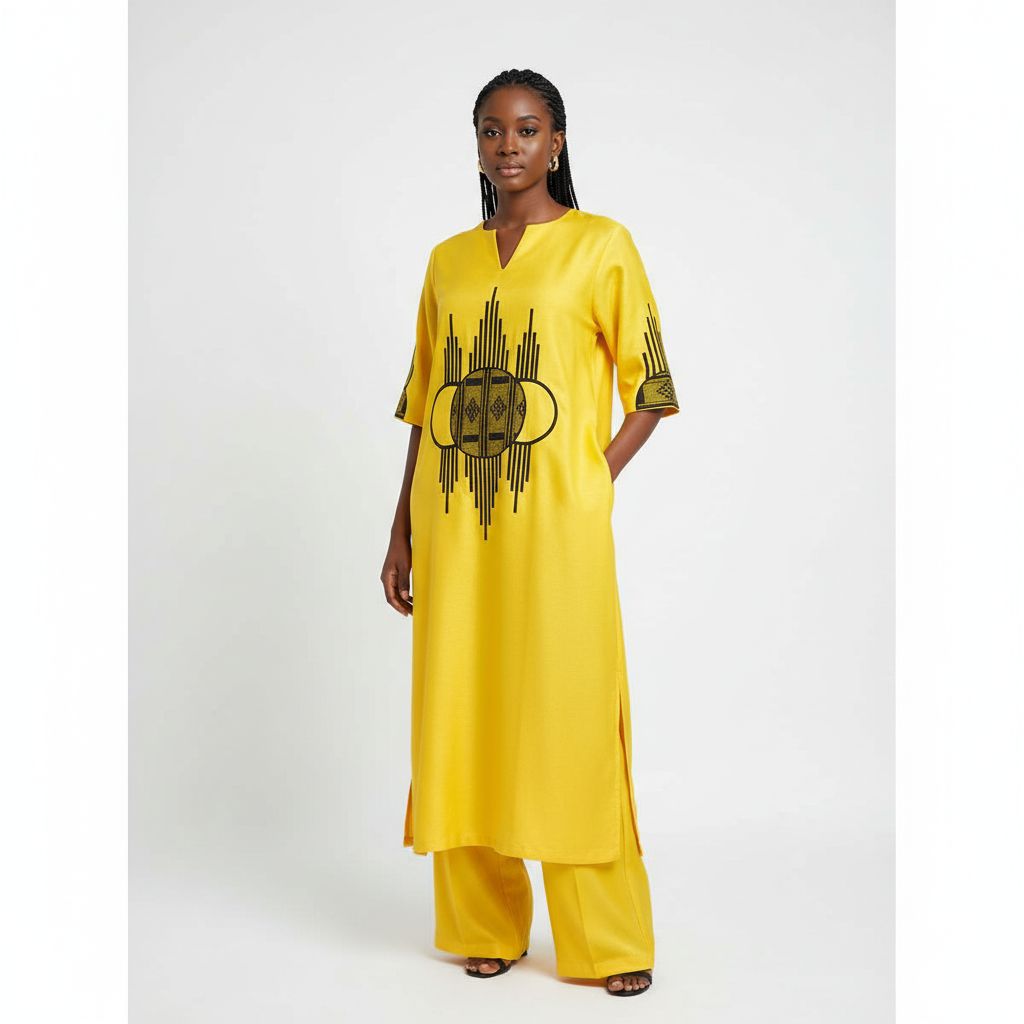 Robe jaune femme élégante 3/4 et pantalon, tenue satinée chic été