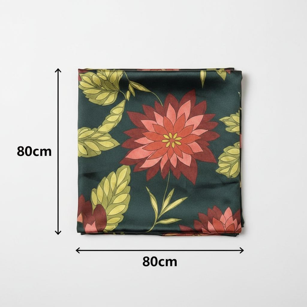 Foulard carré en soie vert foncé à motifs floraux, élégant accessoire femme