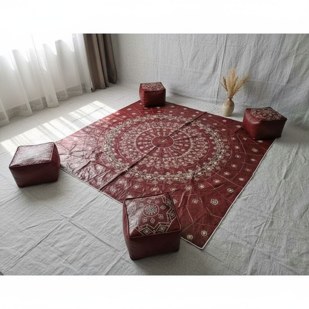 TAPIS SCHEHERAZADE EN CUIR  AUBURN ROUGE/ en cuir fait main avec 4 poufs – Tapis oriental salon authentique