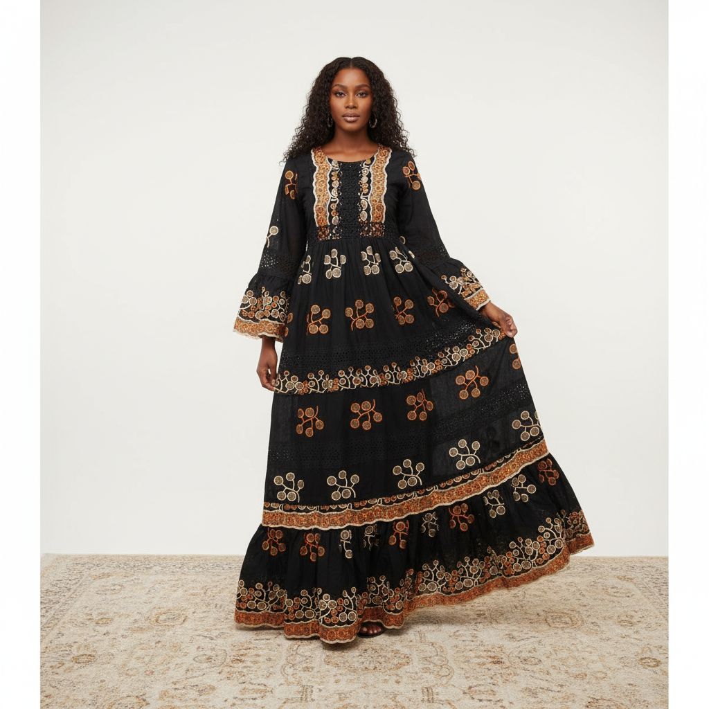 Robe brodée noire femme bohème chic longue, orange beige, élégante