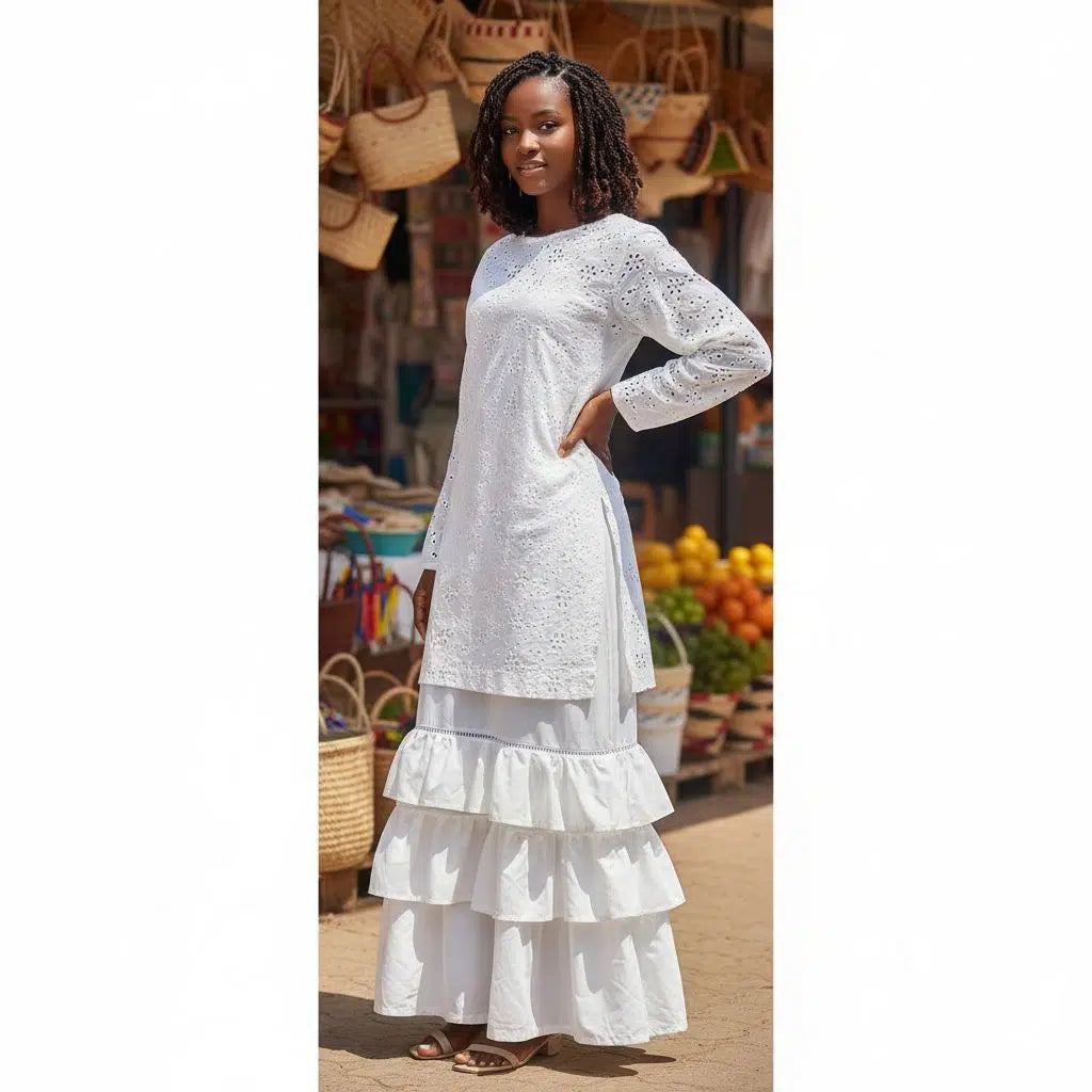 Robe bohème brodée blanche femme en broderie anglaise à volants