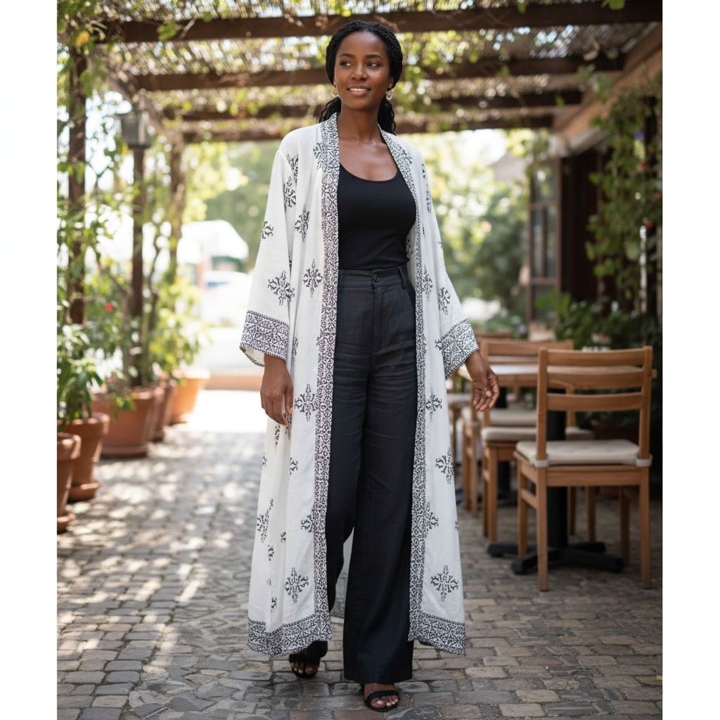 Kimono lin brodé femme blanc ivoire noir, chic et élégant, style bohème