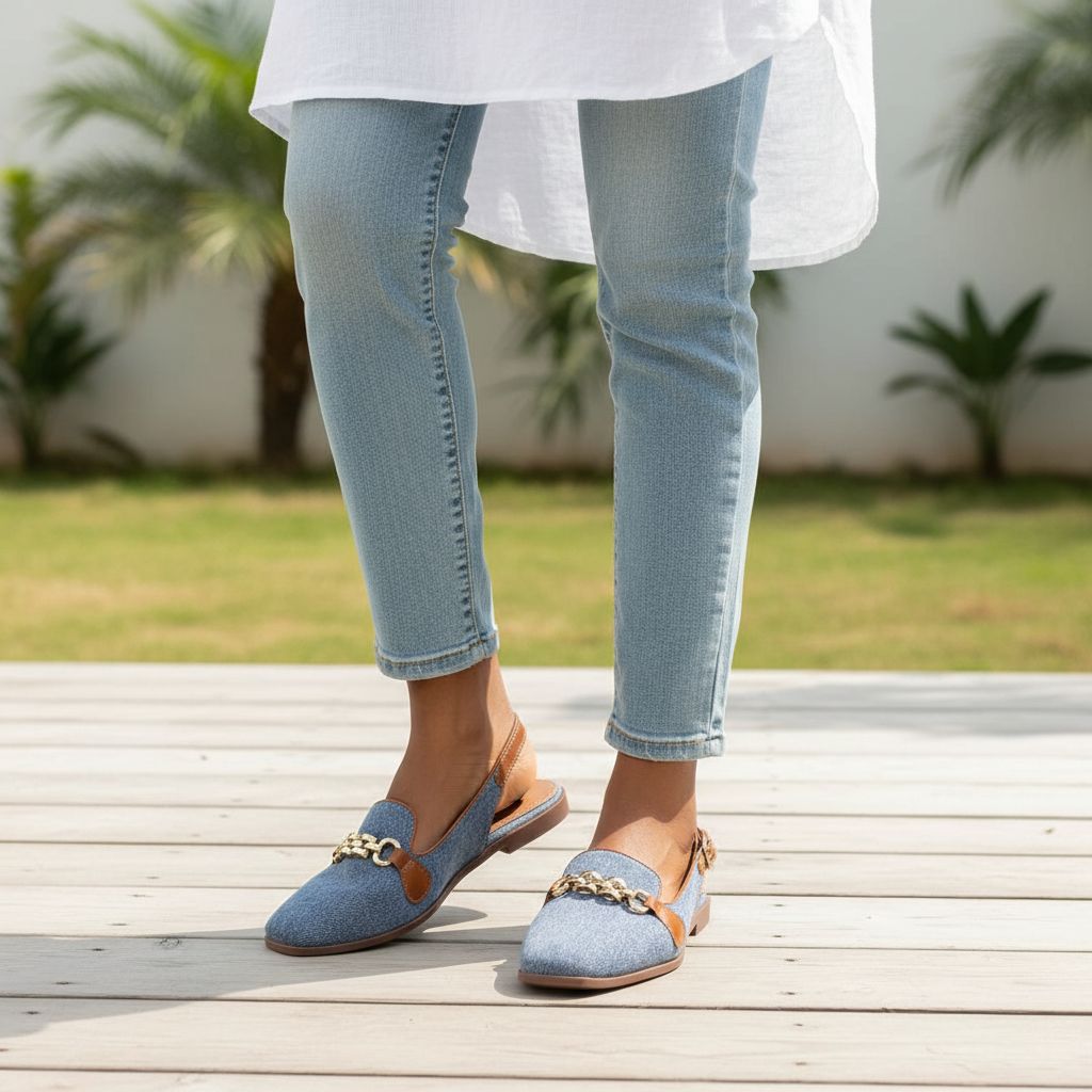 Chaussure femme orthopédique élégante denim, confort été bride réglable