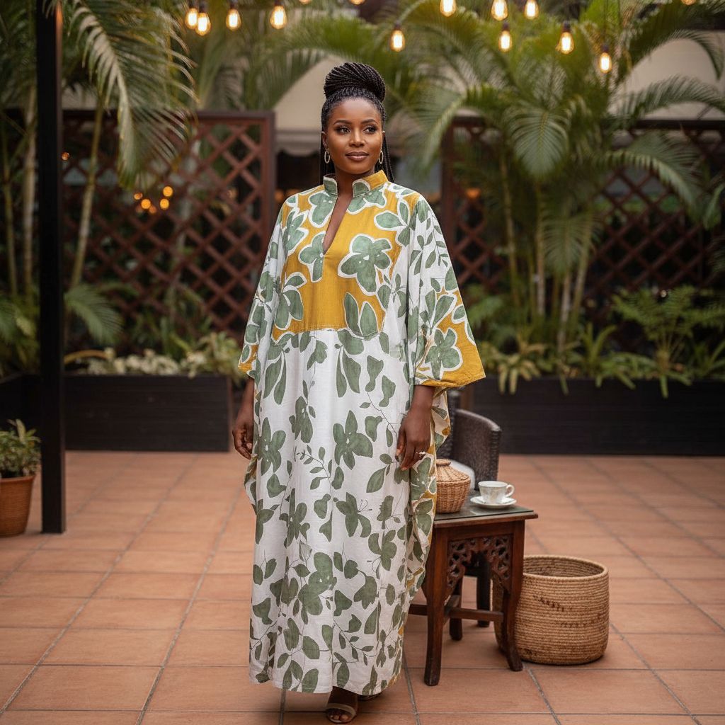 Robe longue bohème femme col mao, florale vert et ocre, coton lin ample