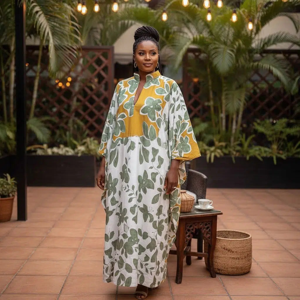 Robe longue bohème femme col mao, florale vert et ocre, coton lin ample