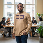 Chemise homme élégante beige sable col mao, manches longues, coupe ajustée