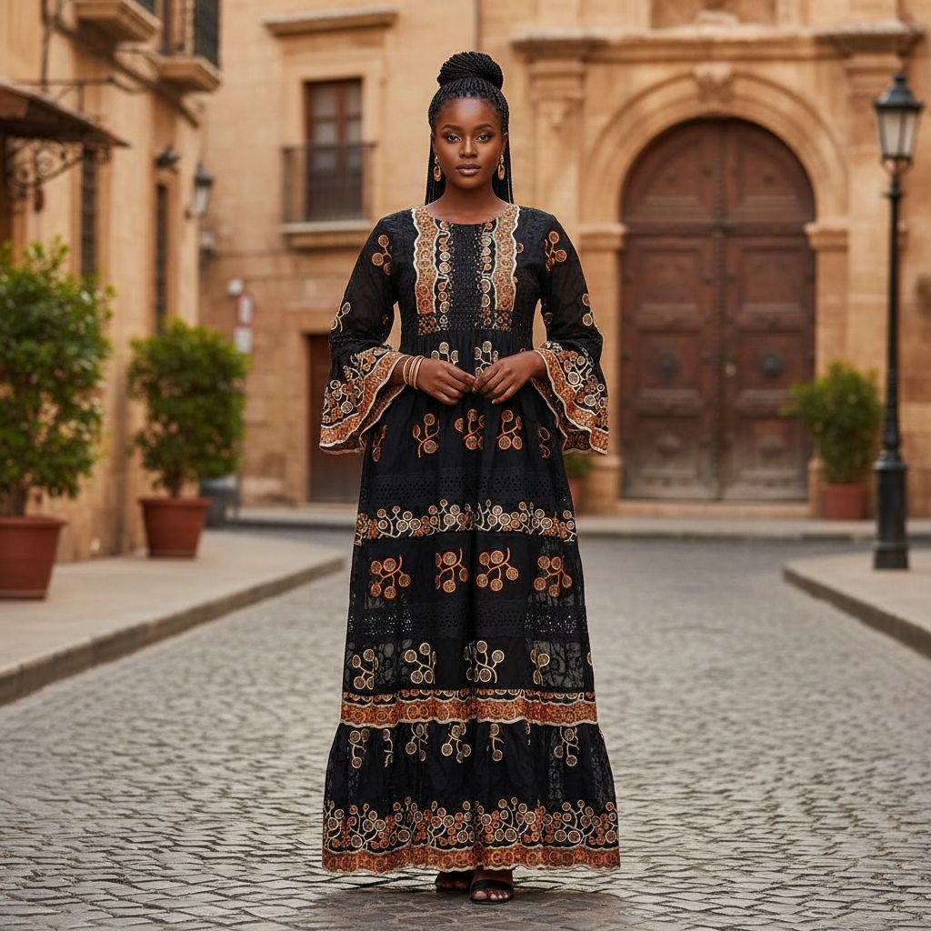 Robe brodée noire femme bohème chic longue, orange beige, élégante