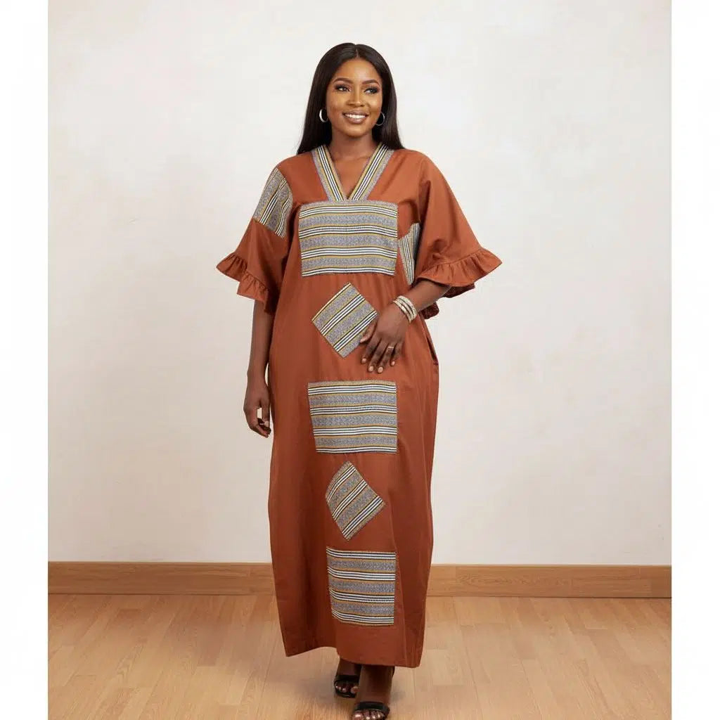 Robe tunique dame en coton avec motif pagne tissé chic ethnique