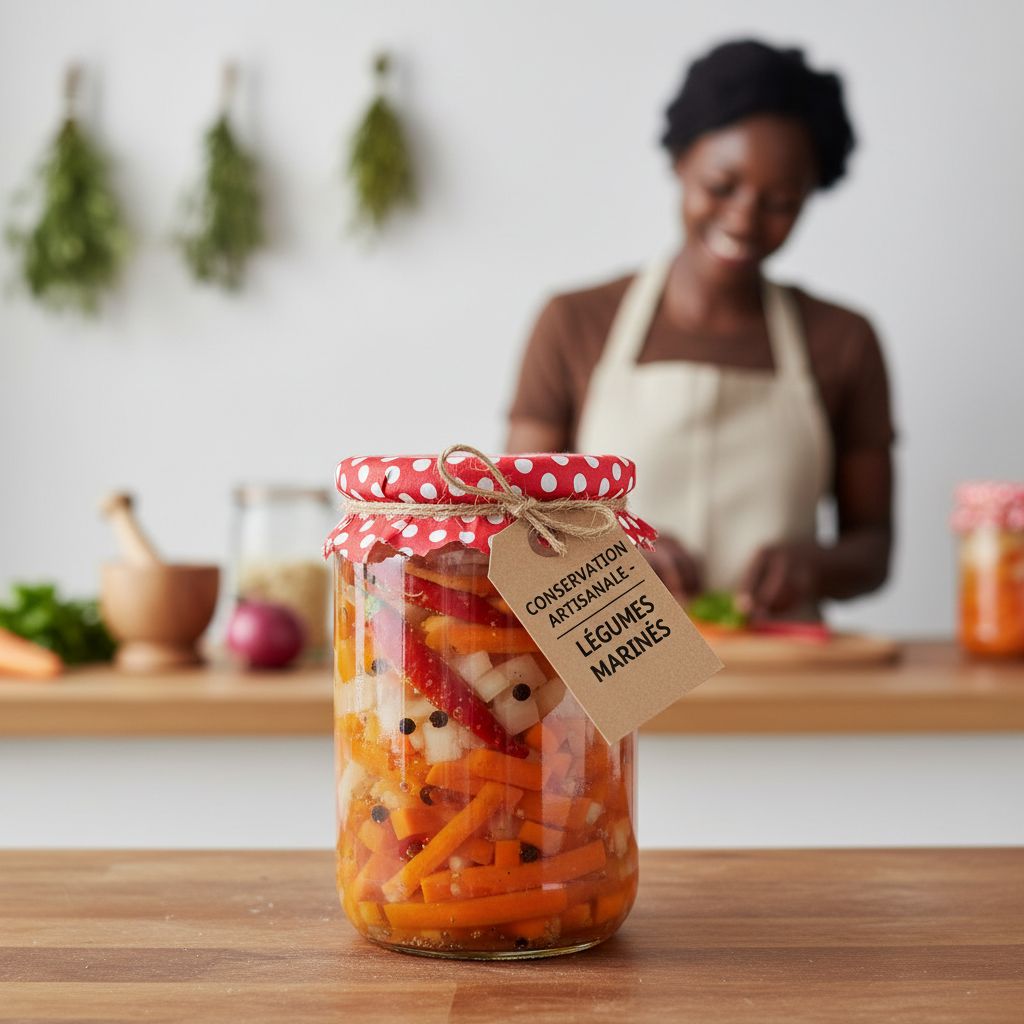 Légumes marinés en bocal : carotte et navet, poivre noir, piment long