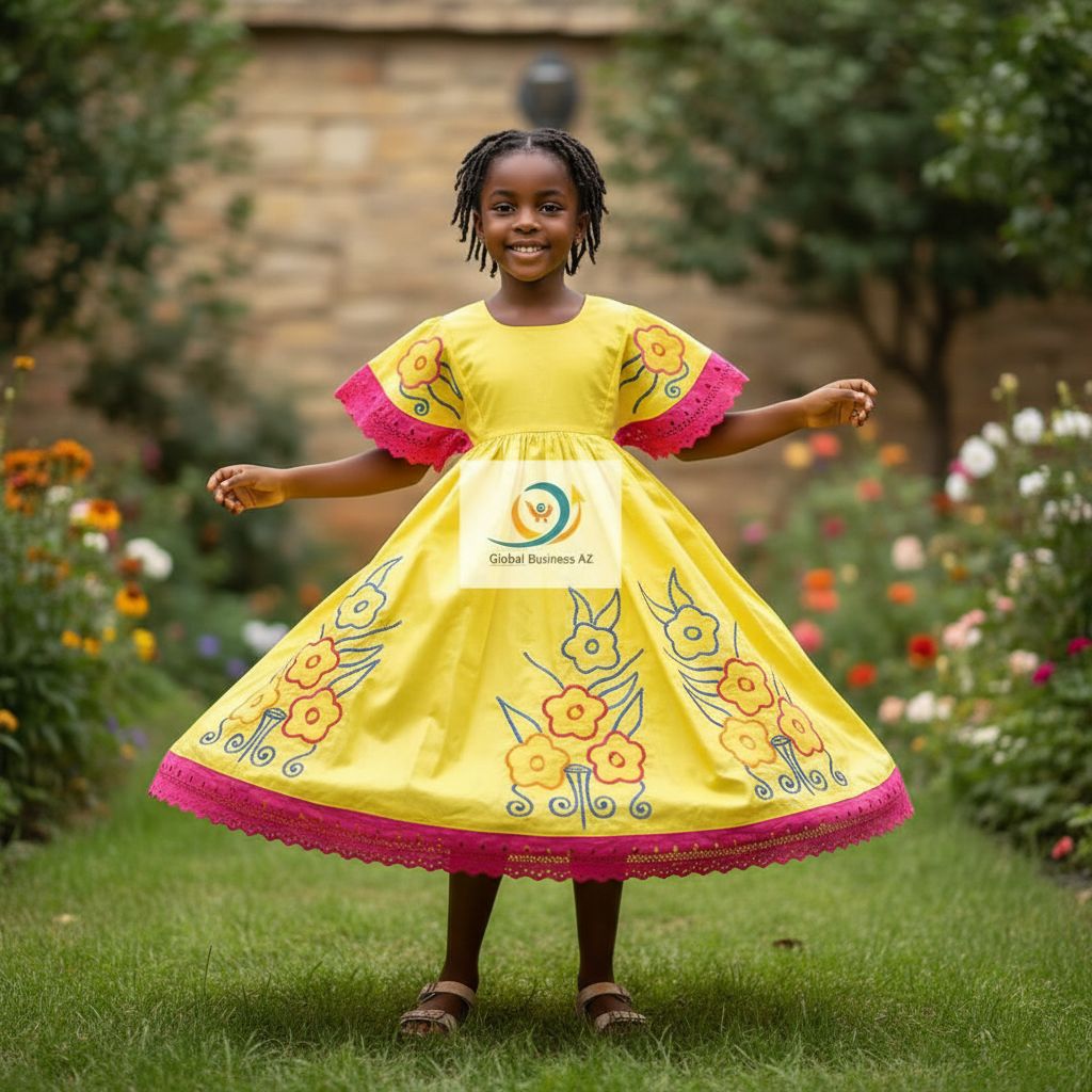 Robe fille 5 ans jaune brodée en bazin riche