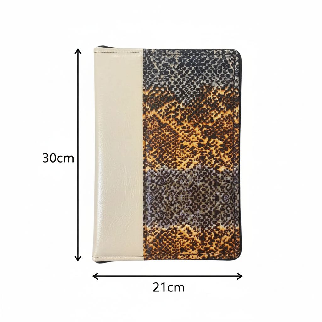 Cartable pour tablette élégant en wax et similicuir motif panthère beige