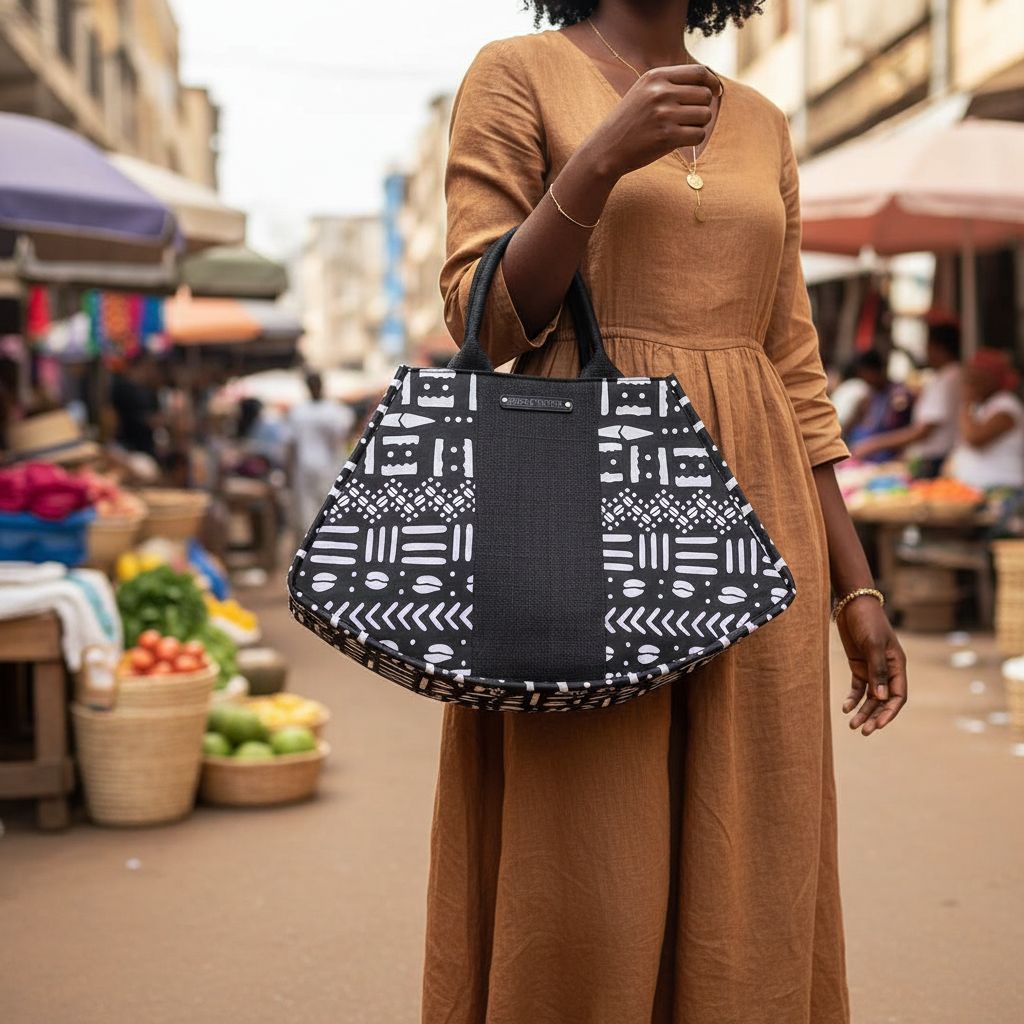Grand sac à main wax et raphia noir et blanc