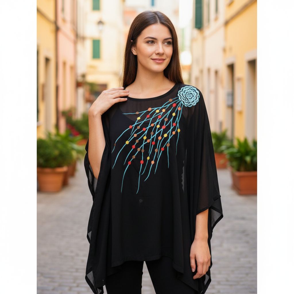 Tunique Femme Brodée Noir en Mousseline - Élégance Bohème
