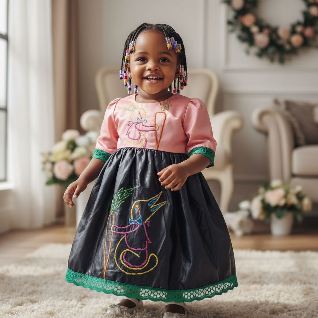 Robe fille cérémonie noire saumon brodée