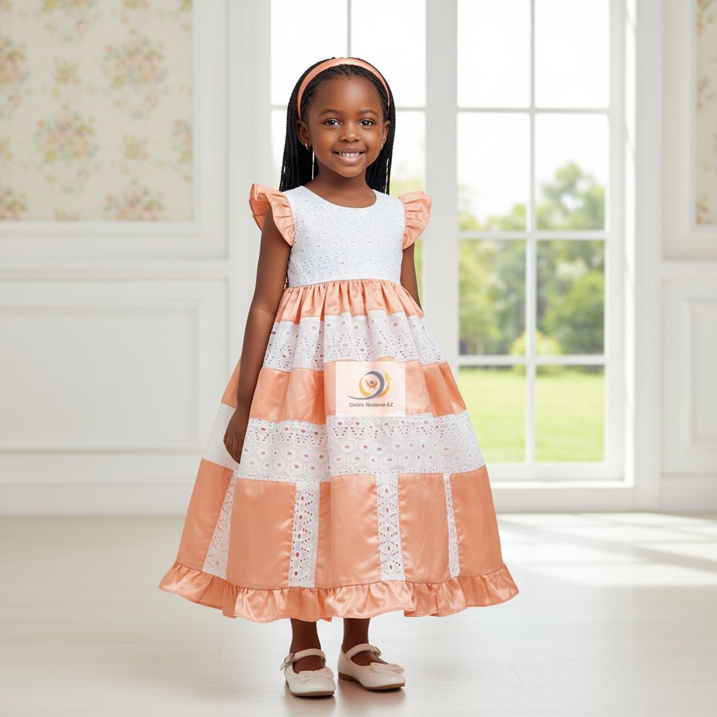 Robe cérémonie fille 2 ans brodée blanche et bazin orange
